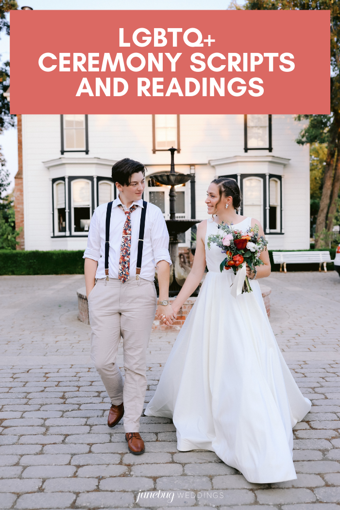 LGBTQ+ ceremony scripts and readings graphic with a couple holding hands